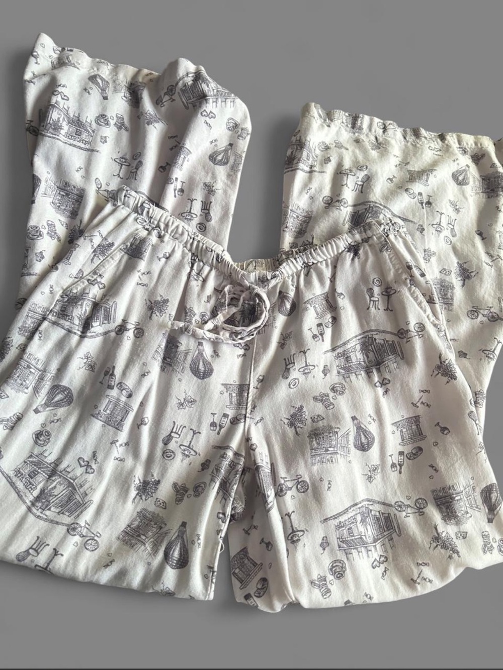 vintage print linen flare white pants